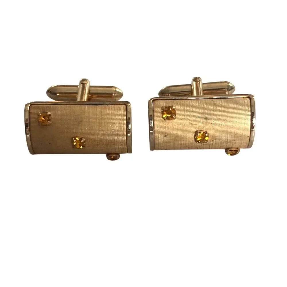 Vintage Swank Gold Tone Barrel Cufflinks Orange Rhinestone Mod Mid Century